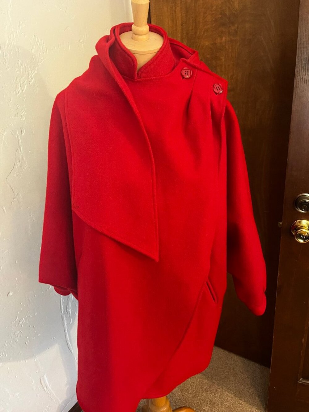 Vintage BILLYCOAT Red Wool Dolman Sleeves Coat with Attached Scarf